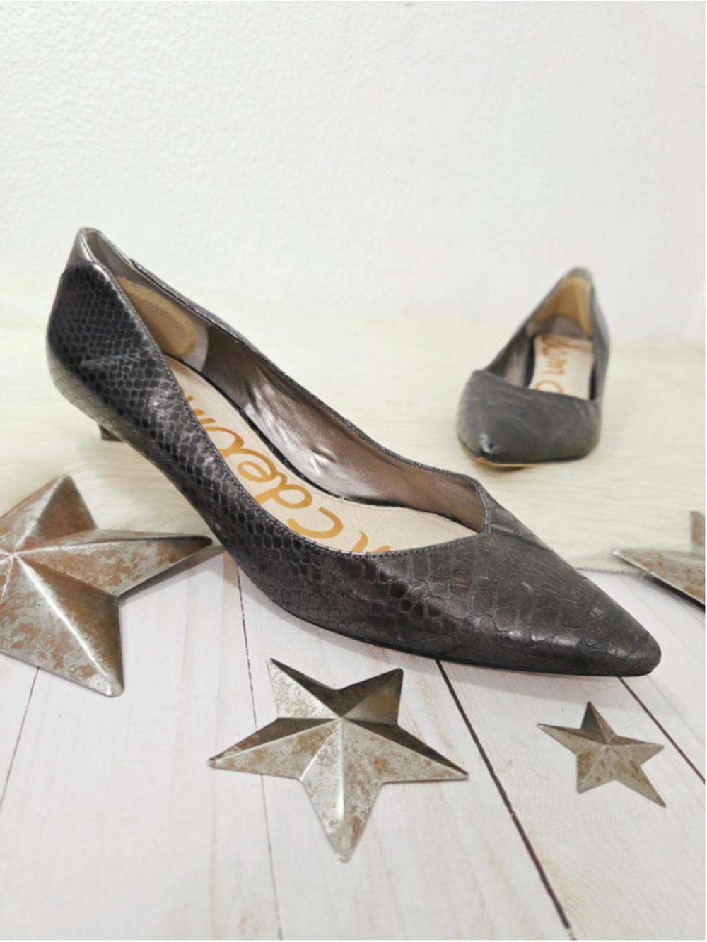 Sam Edelman Dori kitten heel pumps gunmetal gray metallic snake women's size 8